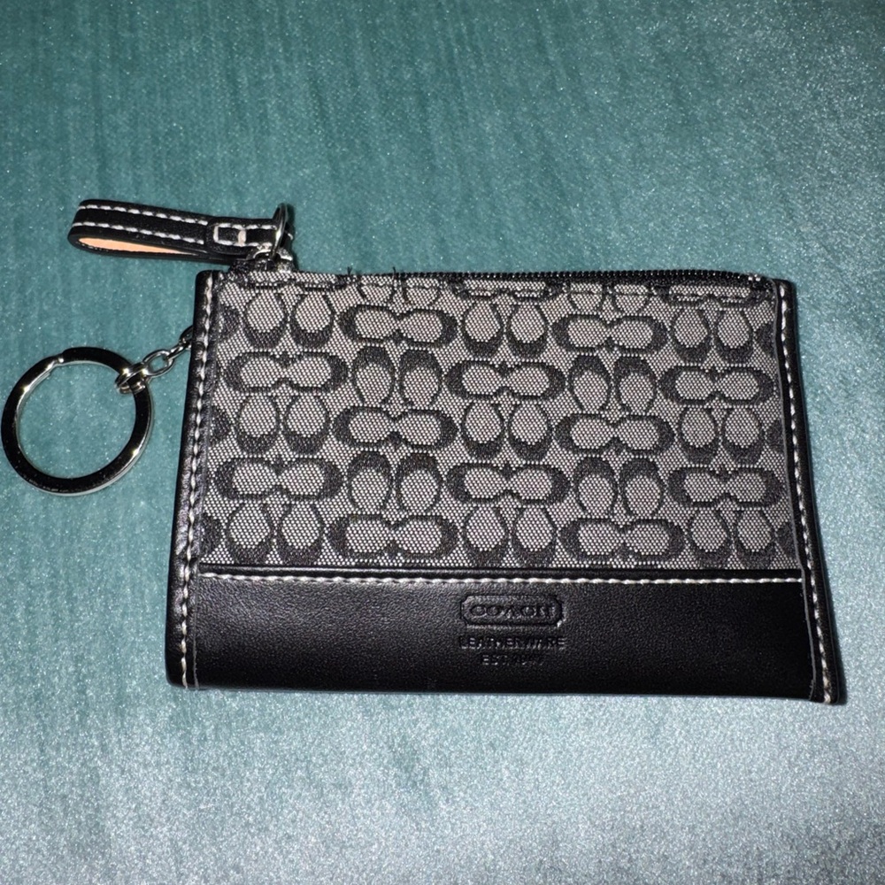 Coach black signature card holder keychain